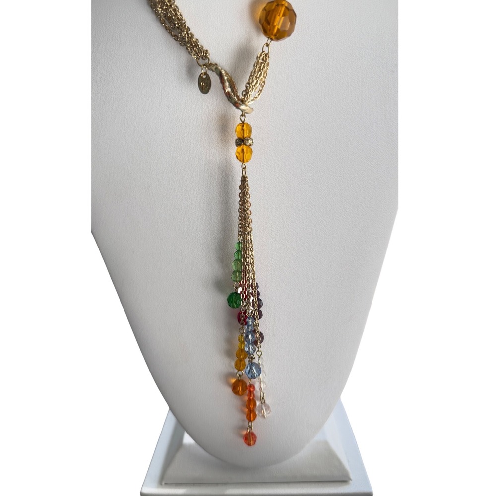 John Edwards Chakra Necklace Gold Tone Multi Strand Beaded Tassel Spiritual 24in